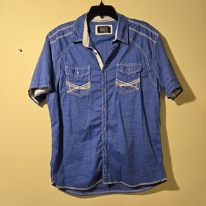 Buckle Blue Short Sleeve Button-Up Blouse